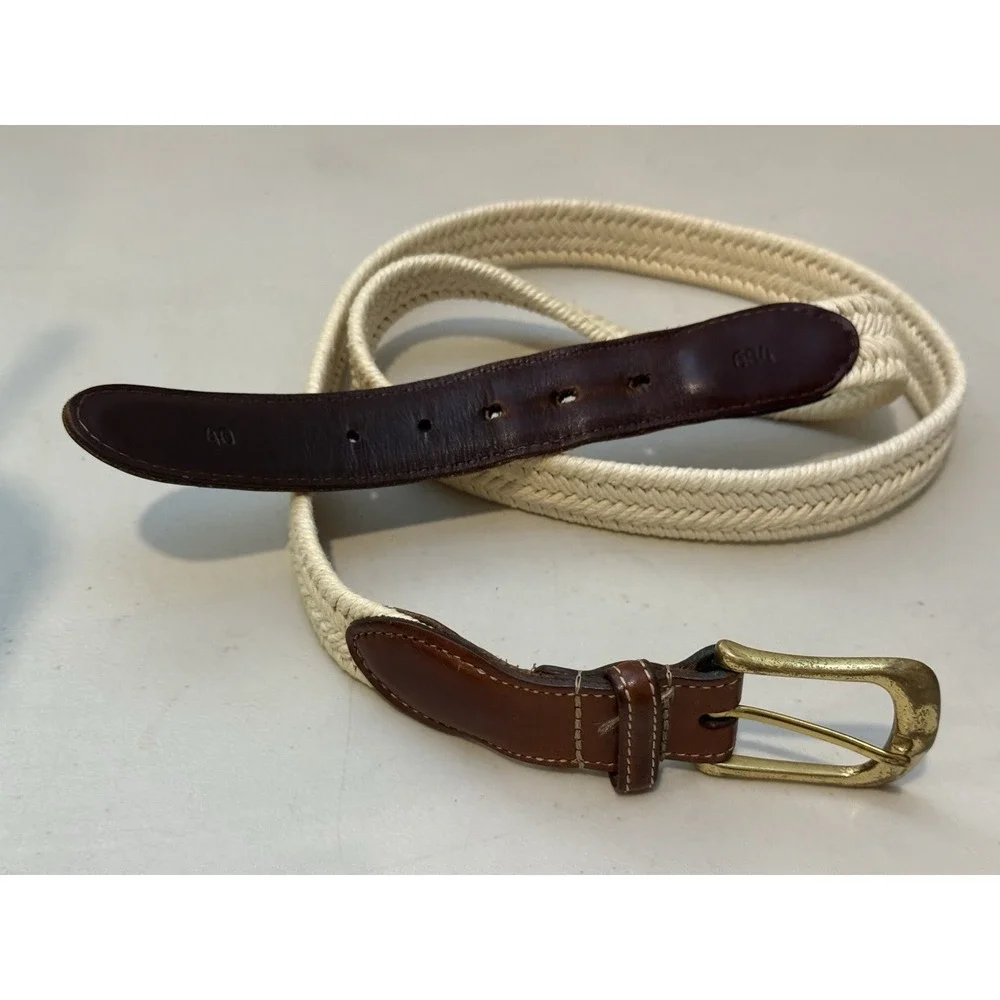 Vintage Torino brown leather belt 40 Solid Brass Buckle Woven‎ Beige Braided